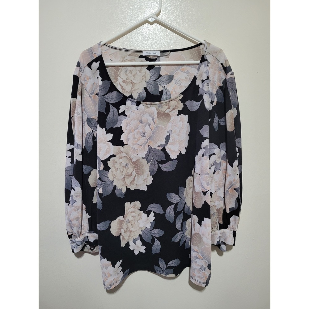 Calvin Klein Blouse Womens 3X Black Floral 3/4 Balloon Sleeve Scoop Neck